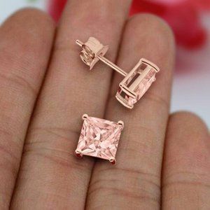 18k Rose Gold 6mm Morganite Princess Cut Stus Earrings!!!!